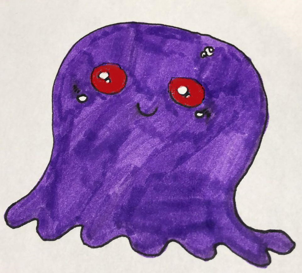 cartoon drawing of a smiling purple blob with red eyes